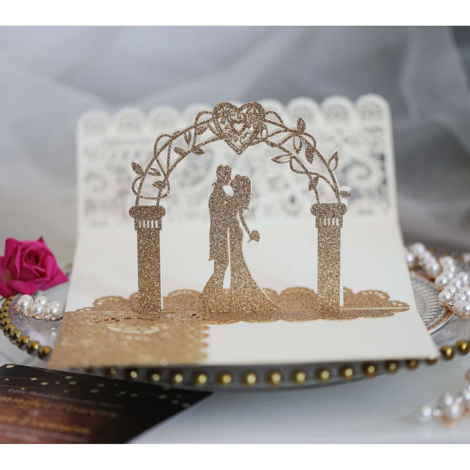 3D Marriage Invitation Card Laser Cut Invitation Pink Glitter Paper